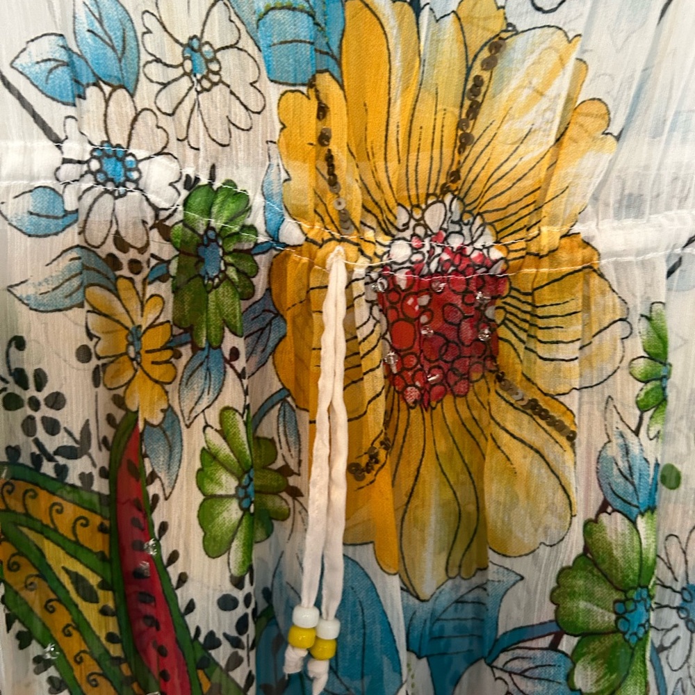 Floral Sheer Swim Coverup with Beaded Neckline - Picture 4 of 7